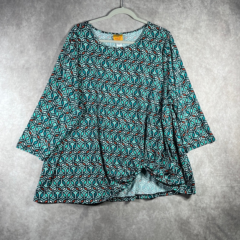 Ruby Rd. Blouse Top Womens Size 3X Green Geometric Twist Front 3/4 Sleeves Artsy